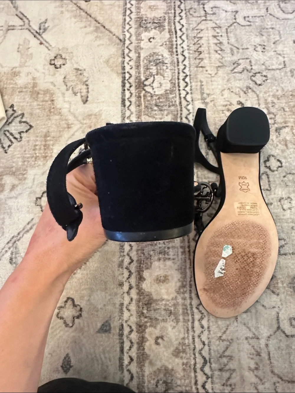 Tory Burch Black Medallion Rhinestone Strappy Sandals Black Suede size 10M